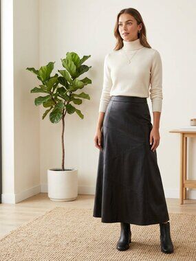 Ookie & Lala Black Faux Leather Maxi Skirt XS Geo Stitch As-is